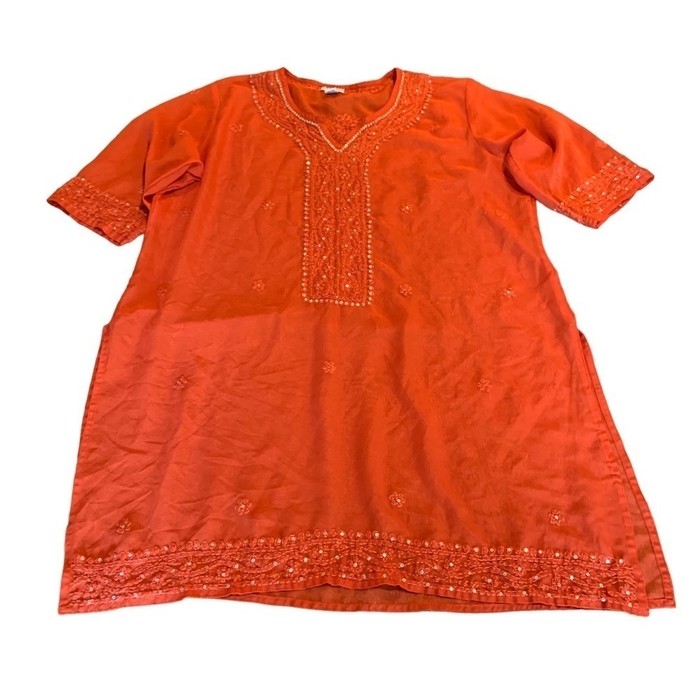 Westside Designs Women’s Orange Boho Sequin Embroidered Sheer Cover Up Top 3XL